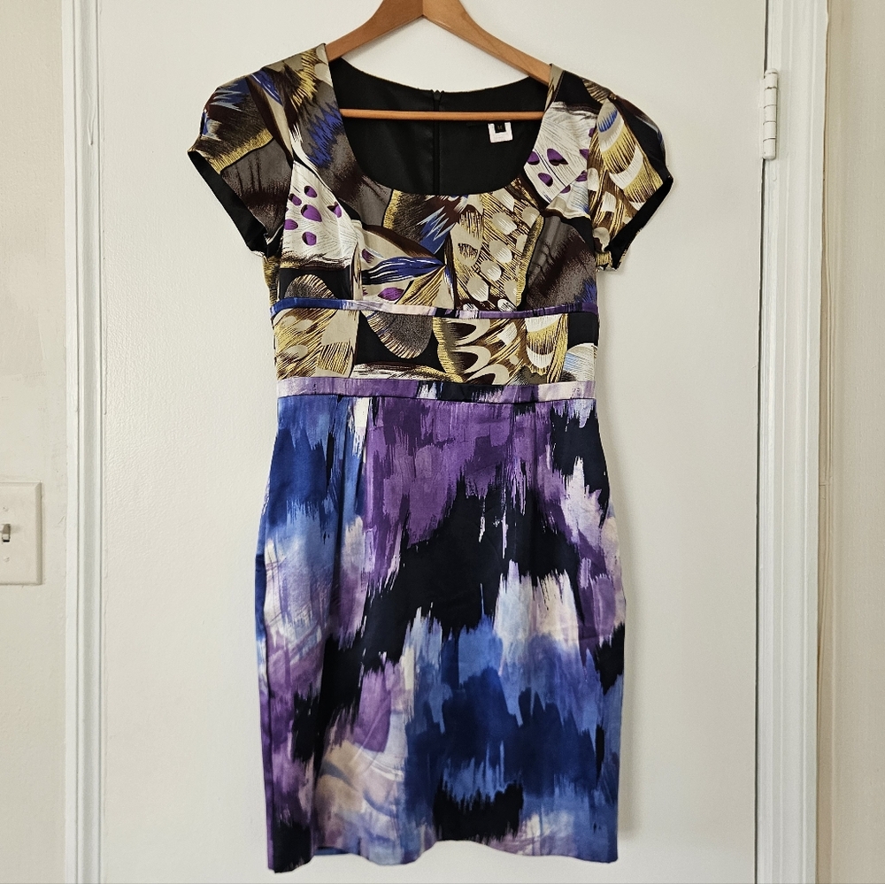 Single Dress M Y2K Bodycon Mini Silk Artsy Boho Vtg USA made Colorful Abstract